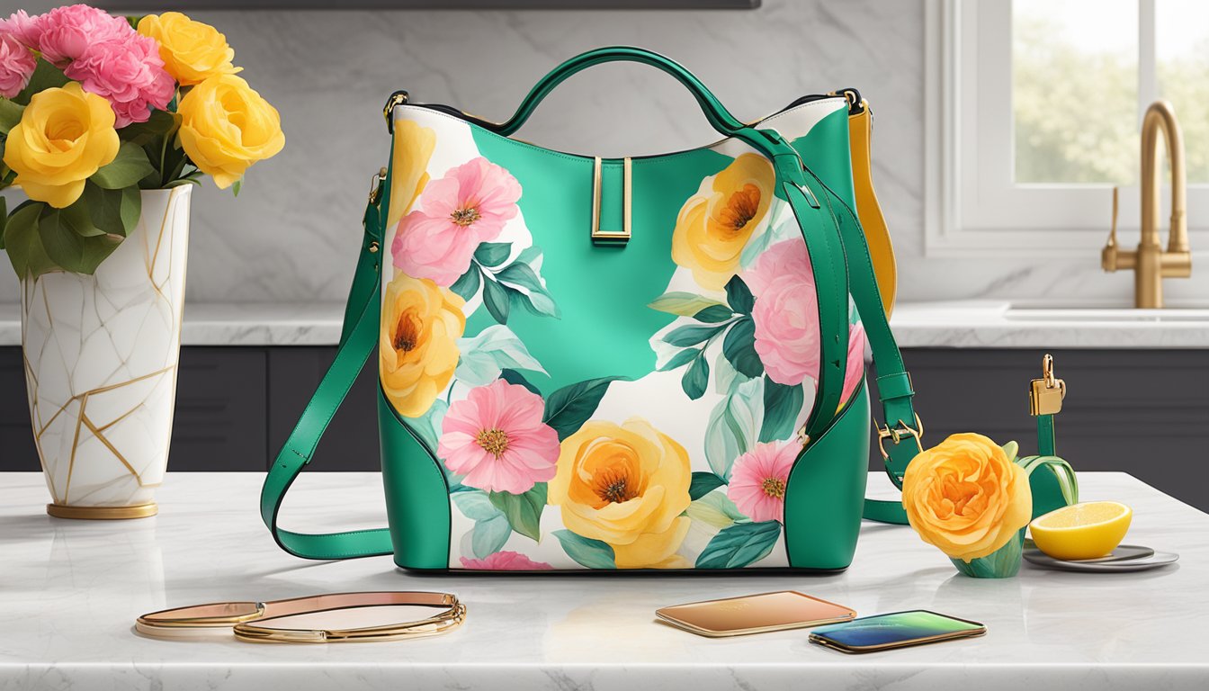 A sleek, branded bucket bag sits on a marble countertop, surrounded by designer accessories and a vibrant floral arrangement