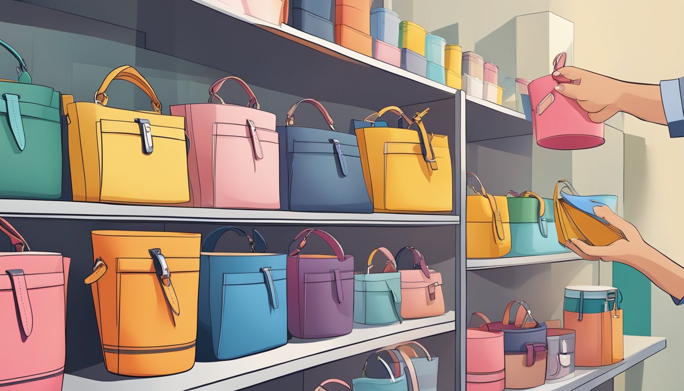 A hand reaches for a branded bucket bag among a display of various styles and colors
