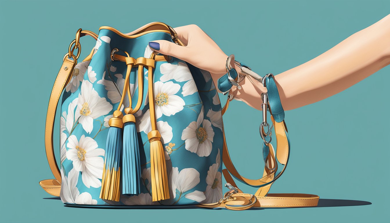 A hand placing a silk scarf and a tassel keychain into a branded bucket bag