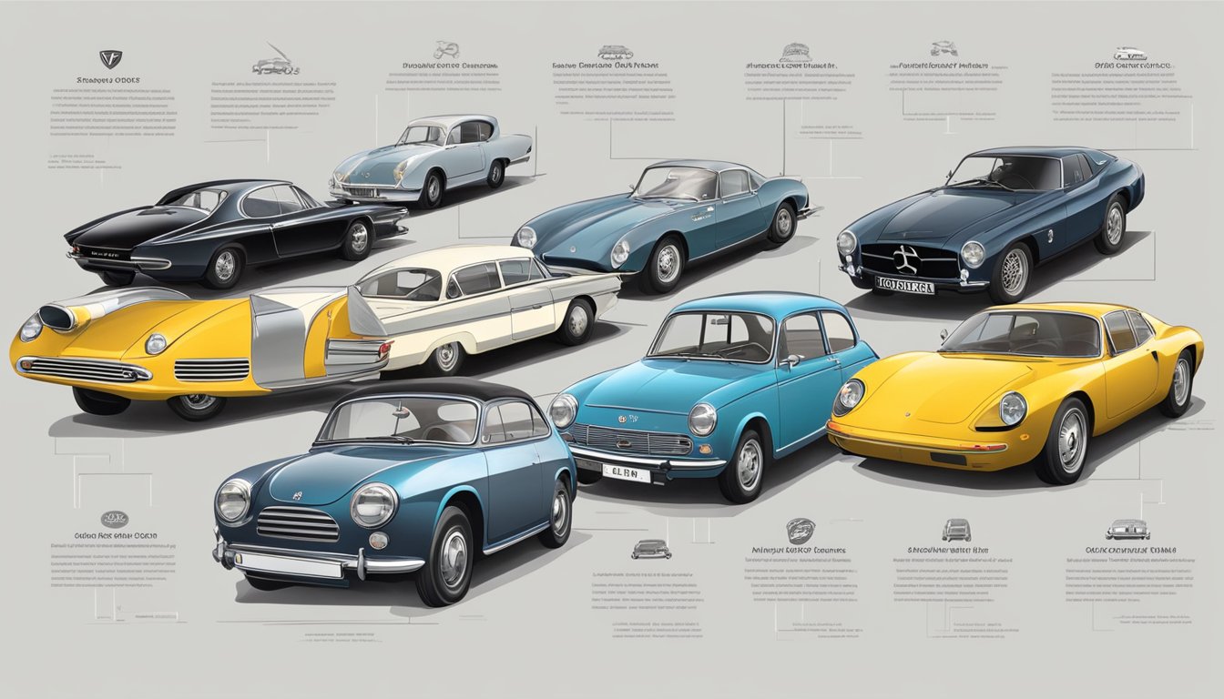 A timeline of iconic European car logos from early to modern era, showcasing the evolution of design and branding