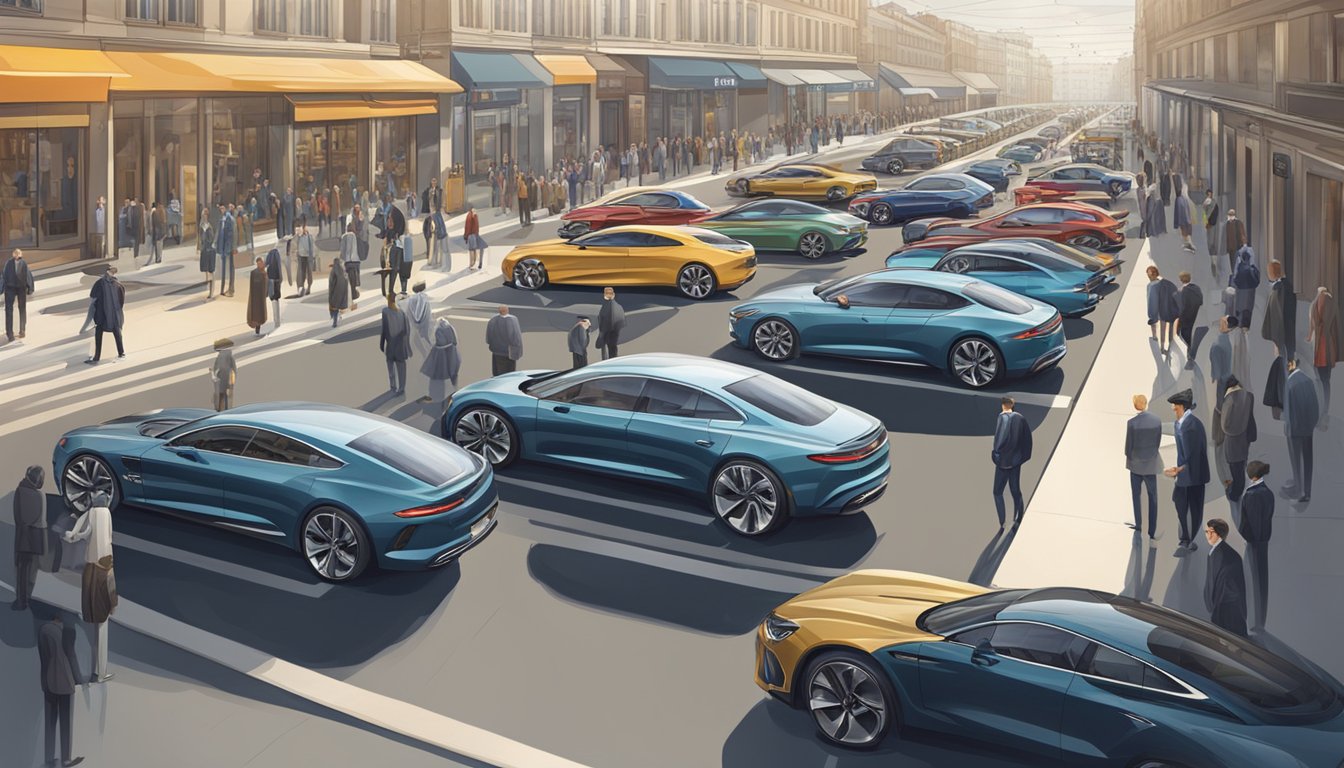 European car brands compete in a bustling market, with sleek vehicles lined up for display. Customers browse and compare features, while sales representatives engage in conversations