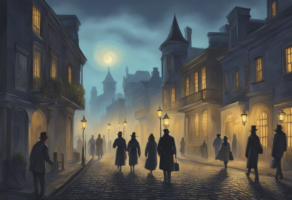 A group of people follow a guide through dark, cobblestone streets. Eerie mist hangs in the air as they pass by historic buildings and listen to spooky tales of Orlando's haunted past