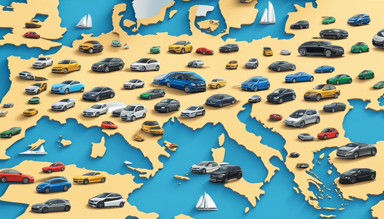 European car logos displayed on a global map, surrounded by diverse cultural symbols and icons