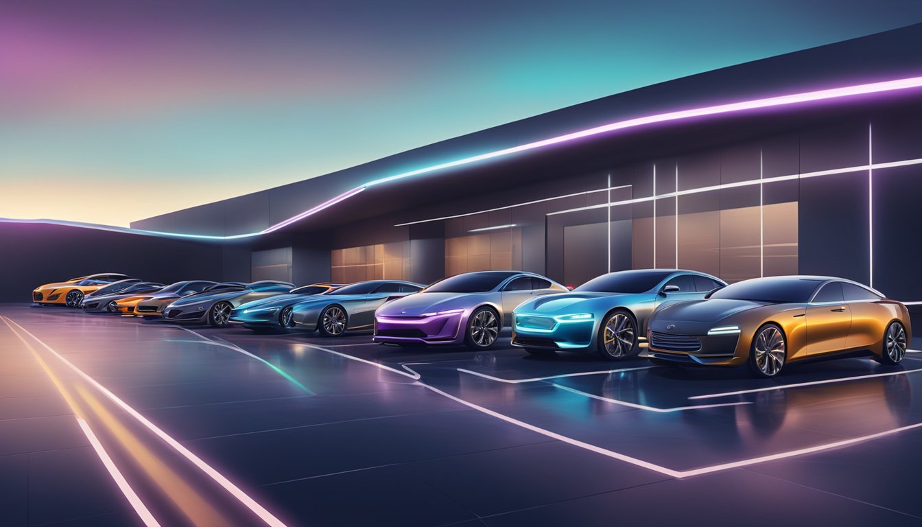 A lineup of sleek European car brands, gleaming under the bright lights of a futuristic showroom
