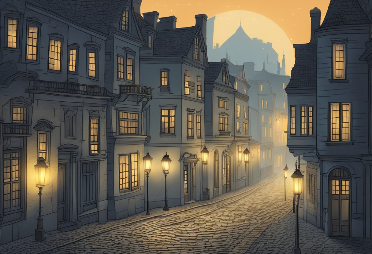 A misty cobblestone street lined with historic buildings, illuminated by flickering lanterns. Eerie shadows dance across the facades as a ghostly figure appears in a second-story window