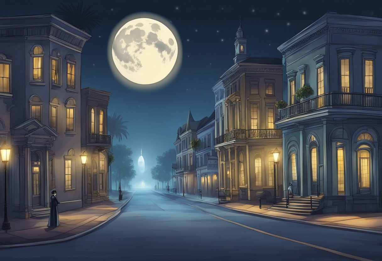 Dark streets lined with historic buildings, fog rolling in, and a full moon casting an eerie glow - the perfect setting for a ghost tour adventure in Orlando