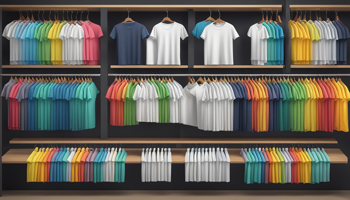 A row of colorful bench brand t-shirts neatly folded on a display table
