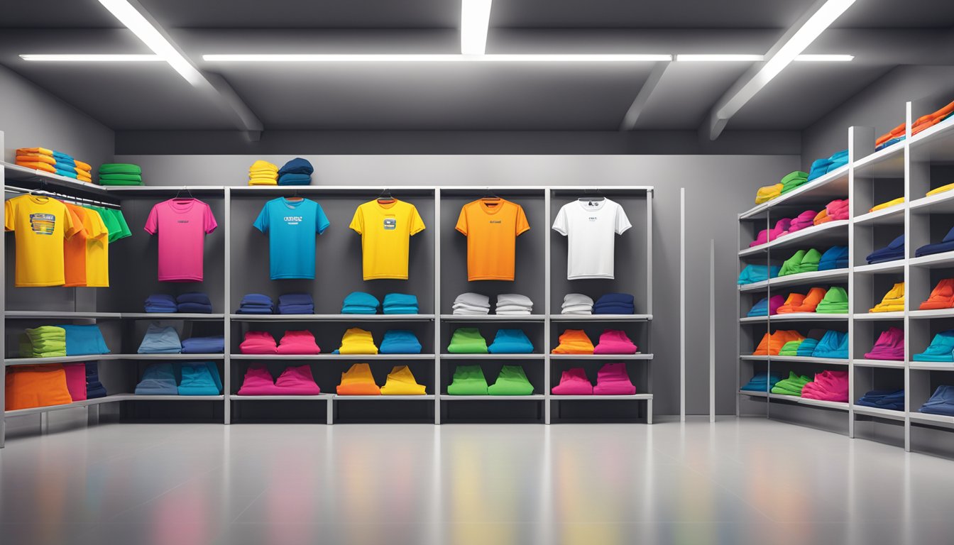 A collection of Bench Brand T-shirts displayed on shelves with colorful designs and various sizes