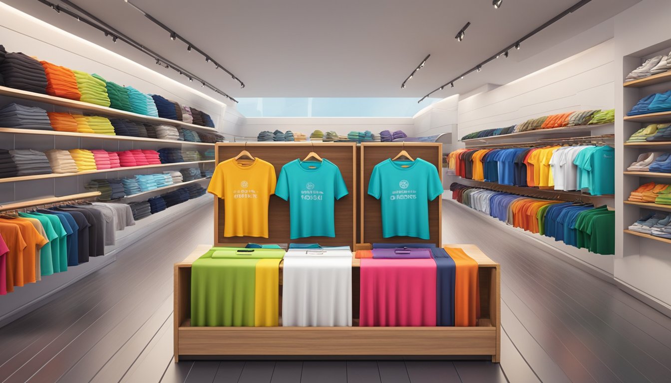 A colorful display of branded t-shirts on a sleek, modern bench in a bustling shopping environment