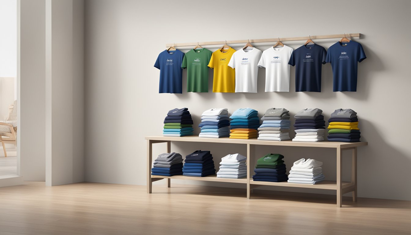 A display of Bench Collections brand t-shirts on a sleek, modern bench