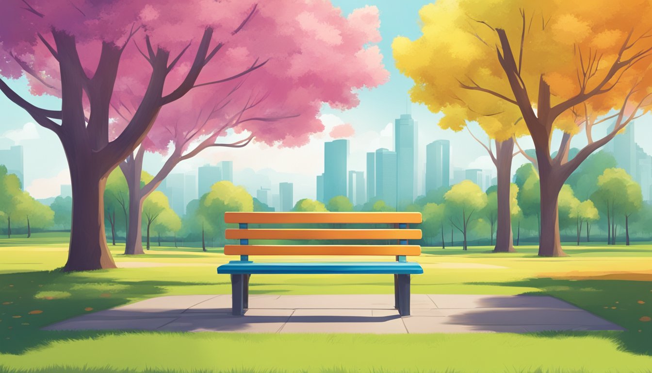 A sunny park with a colorful bench surrounded by trees, with a stack of branded t-shirts on the seat