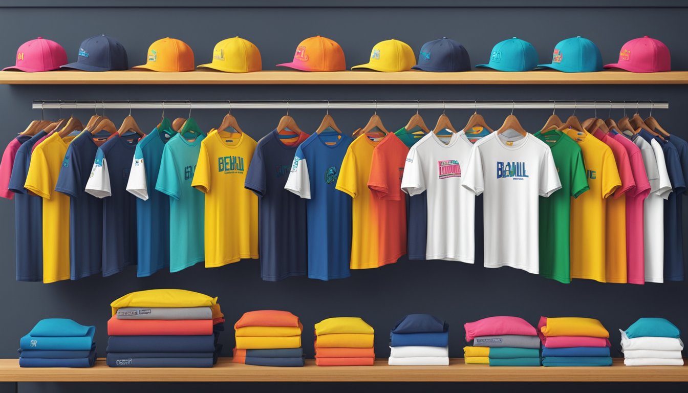 A colorful display of Bench brand t-shirts arranged on a sleek, modern rack, with bold logo and vibrant designs