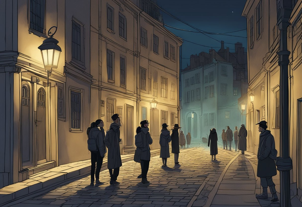 A group of people explore a dimly lit alley, pointing at eerie shadows and listening to a guide's spooky tales. The glow of street lamps illuminates the old buildings, adding to the mysterious atmosphere