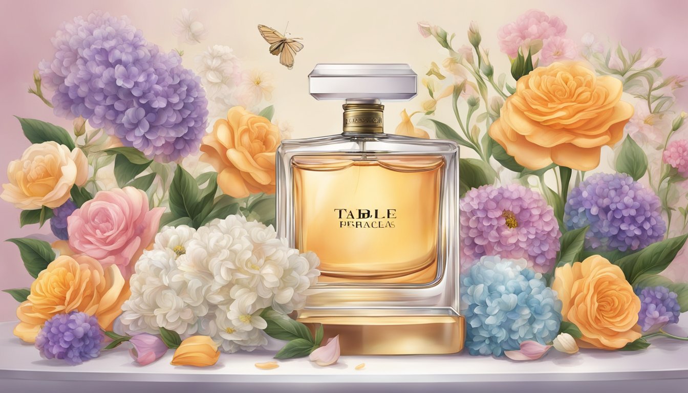 A table displays iconic perfume bottles, surrounded by blooming flowers and swirling fragrance notes