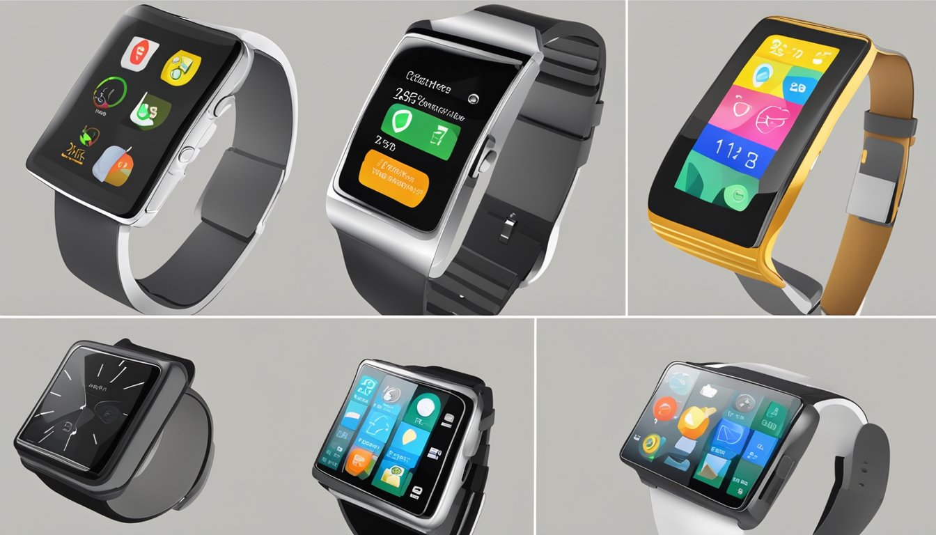 A series of smartwatches, from early models to modern designs, displayed in a chronological order, showcasing the evolution of branded smart watches