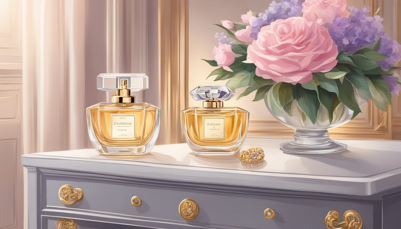 A luxurious bottle of perfume sits on a vanity table, surrounded by elegant jewelry and a bouquet of fresh flowers. The soft glow of a scented candle adds to the ambiance