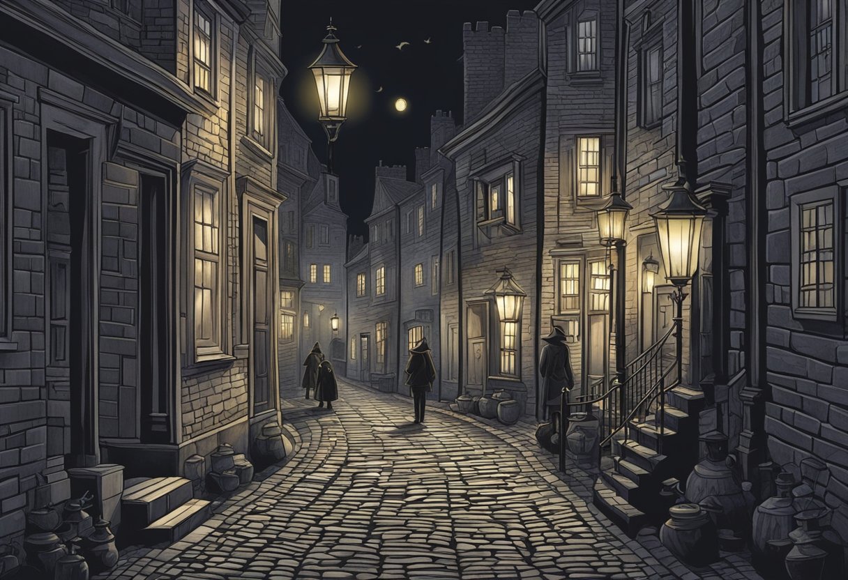 Visitors follow a guide through dark, cobblestone streets, passing historic buildings and eerie alleyways. Ghostly figures and flickering lanterns add to the spooky atmosphere