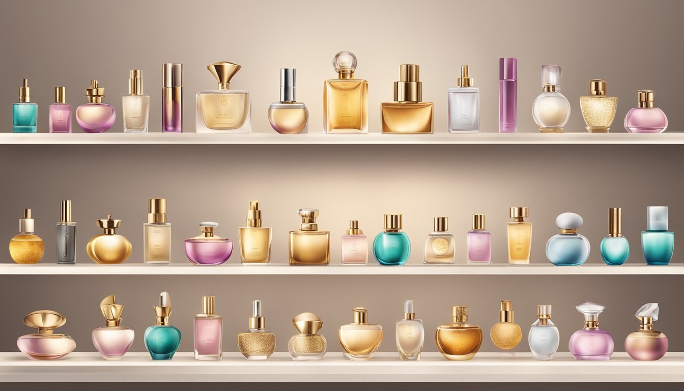 A collection of luxurious perfume bottles displayed on a sleek, minimalist shelf, surrounded by soft lighting and elegant packaging