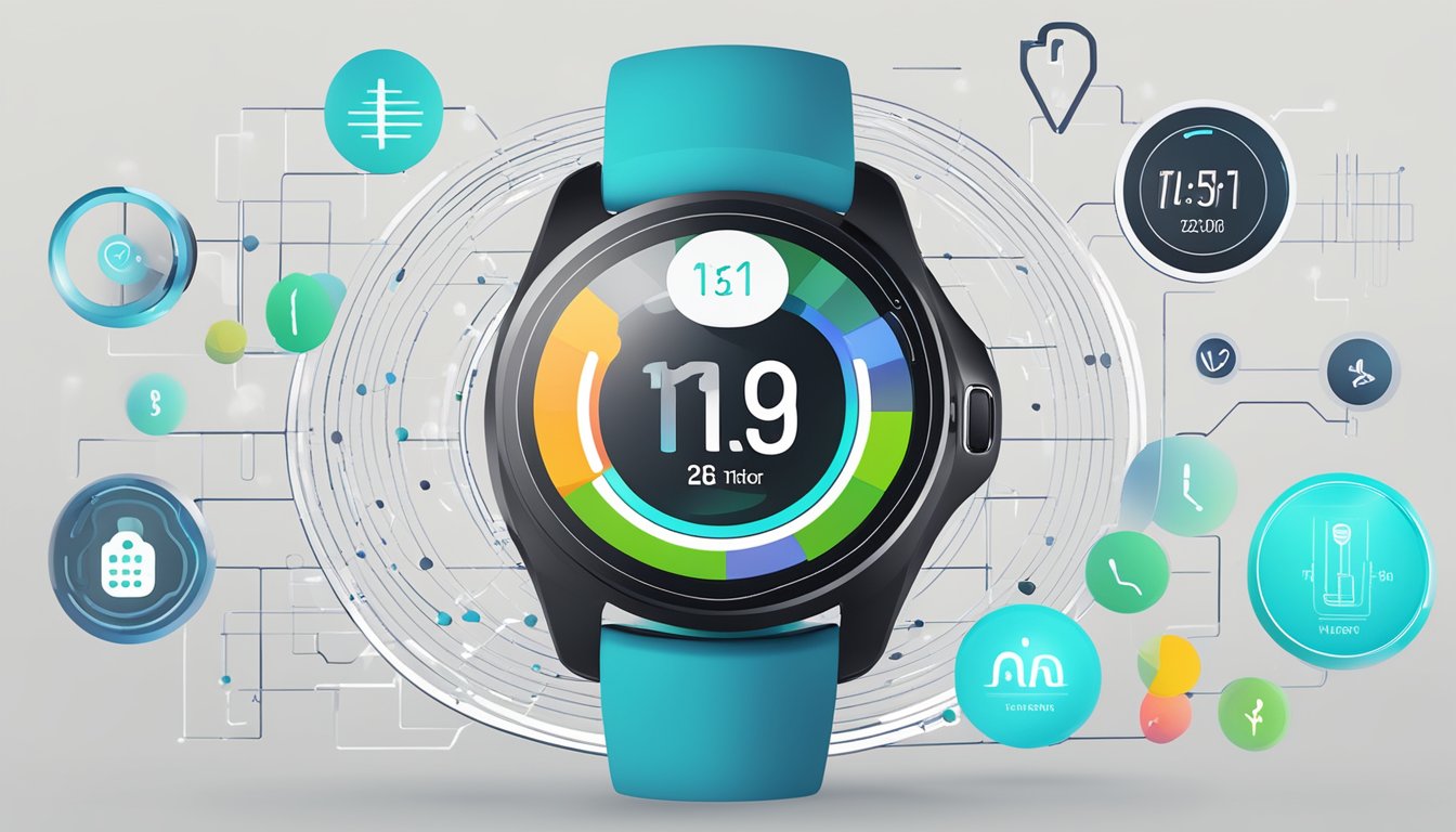 A smart watch displaying health data on its screen. The watch is branded and features health monitoring capabilities