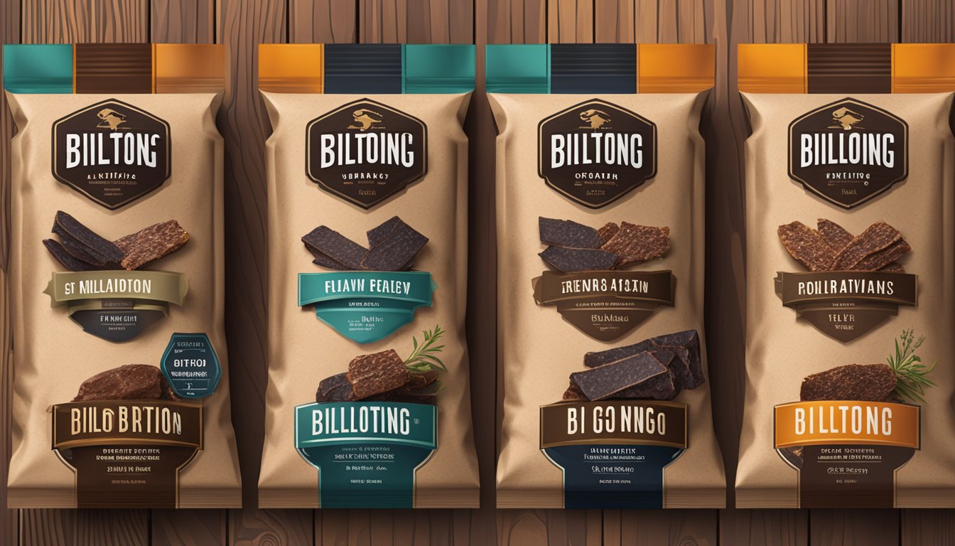 A variety of biltong brands displayed on a wooden table with rustic packaging and different flavors and cuts