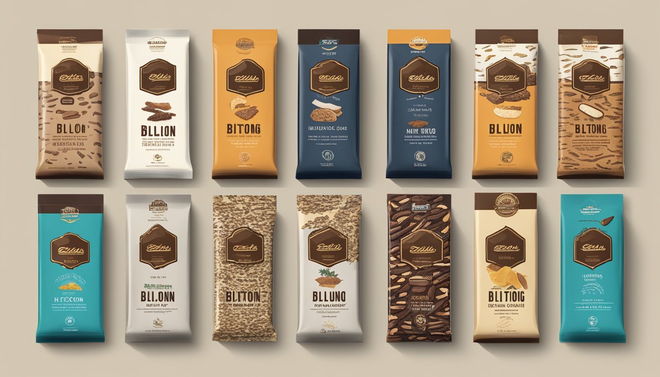 A display of biltong brands from different eras, showcasing the evolution of packaging and branding over time