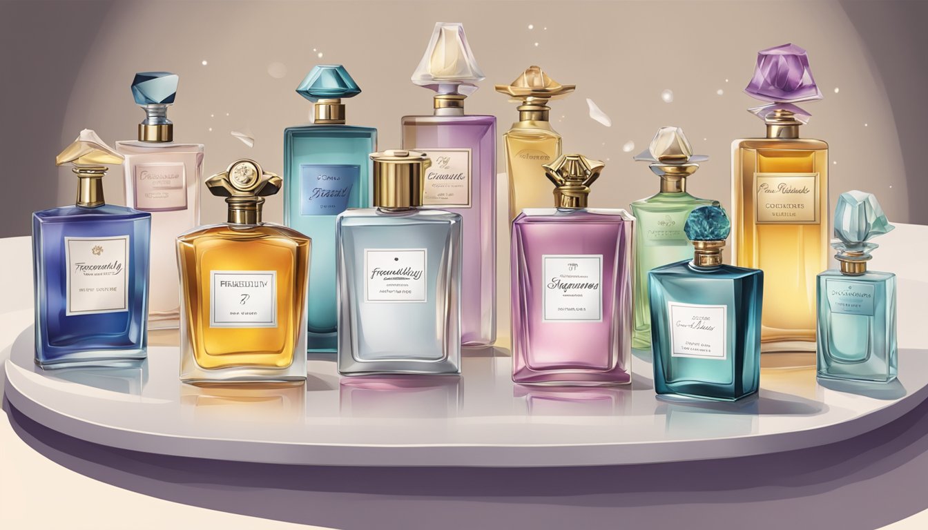 A table with various perfume bottles, each labeled with a different famous brand. A sign reads "Frequently Asked Questions about famous perfume brands."