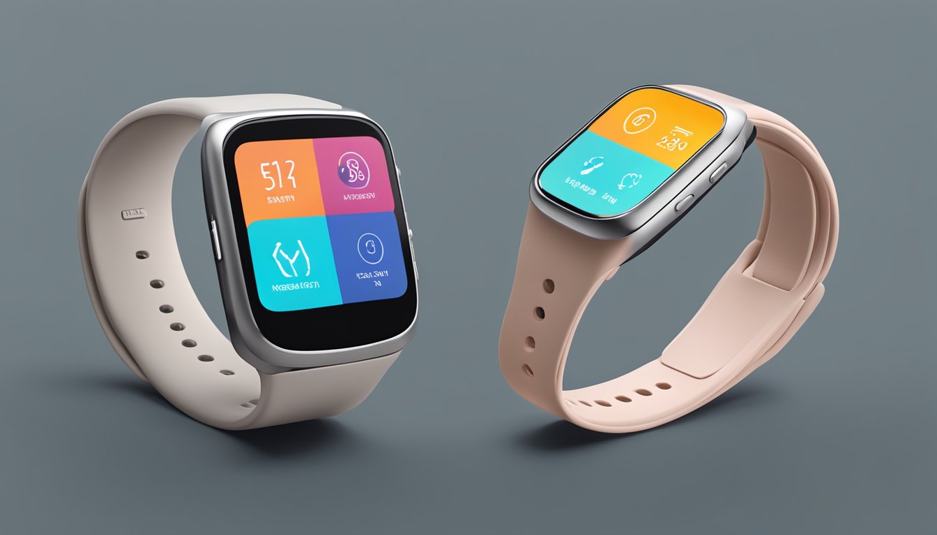 Two branded smart watches syncing seamlessly with each other, displaying compatibility and integration features