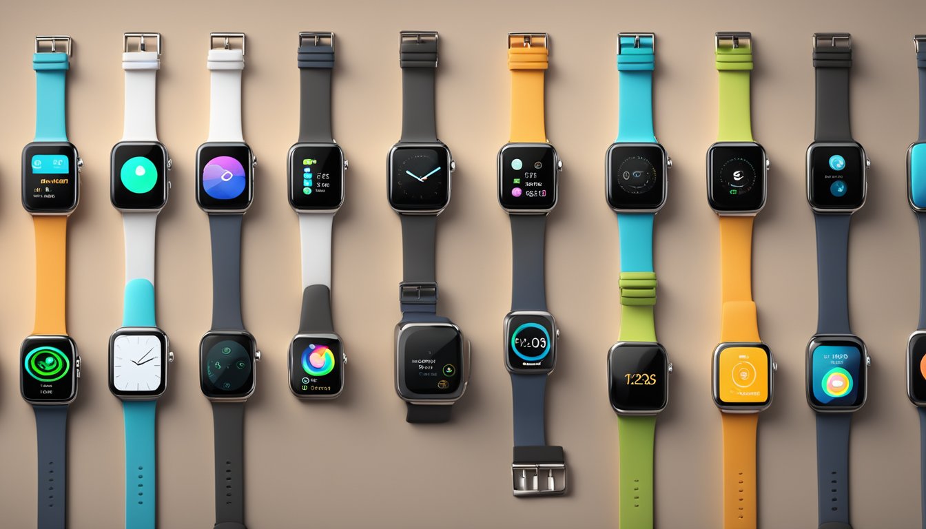 A display of various branded smartwatches arranged neatly on a sleek, modern table with soft lighting highlighting their features