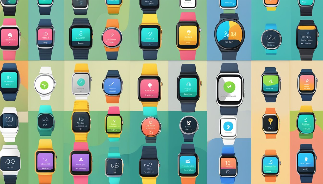 A lineup of smart watches with "Frequently Asked Questions" branding displayed on their screens