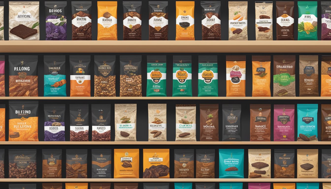 Various biltong brands displayed on shelves, each with unique packaging and flavors. Labels showcase the names of the brands and their special offerings