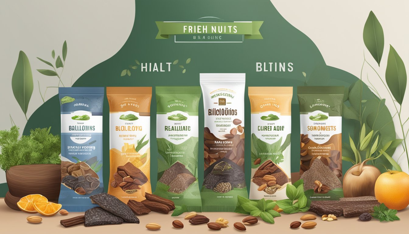 A variety of biltong brands displayed with fresh herbs, fruits, and nuts, highlighting their health benefits and dietary considerations