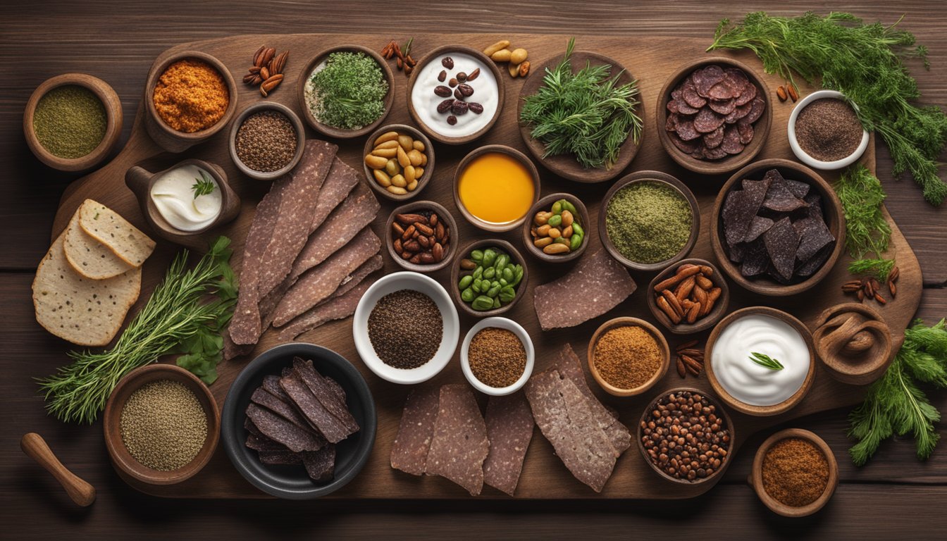 A spread of assorted biltong flavors and pairings arranged on a rustic wooden board, surrounded by fresh herbs, spices, and artisanal condiments
