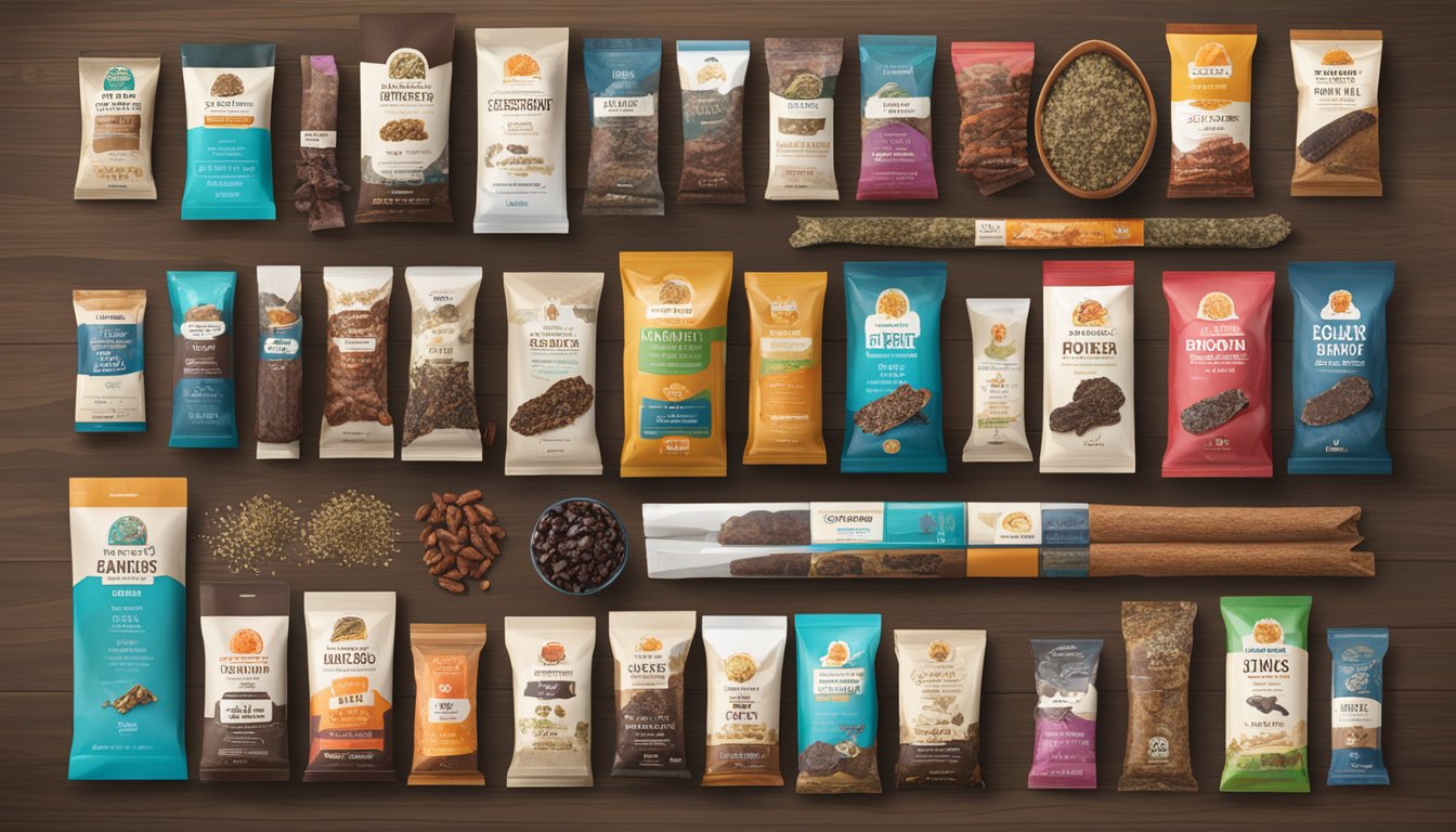 A variety of biltong brands displayed with accompanying FAQ signs