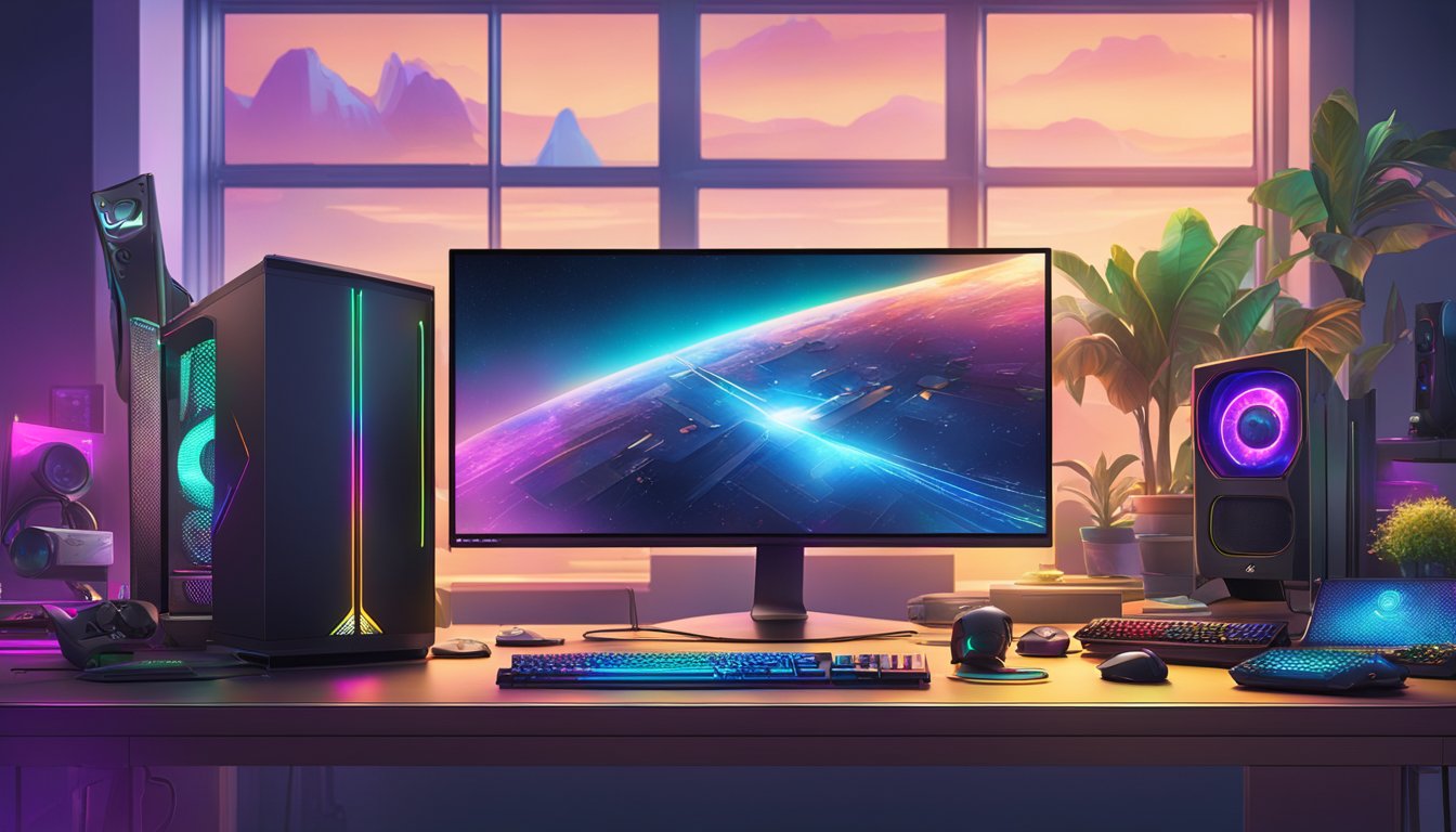 Multiple gaming computer brands displayed on a sleek desk with vibrant LED lighting and a variety of peripherals