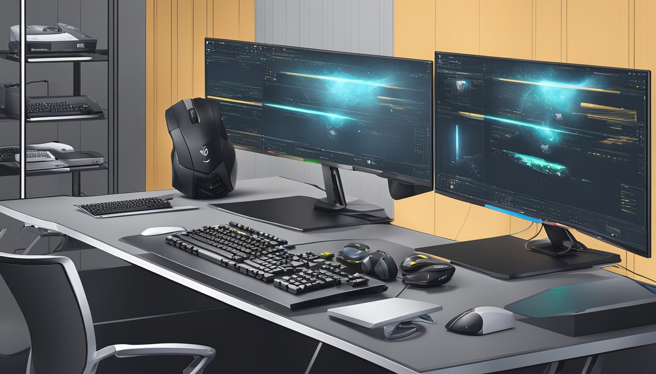 A sleek desk with top gaming computer brands displayed on multiple monitors, keyboard and mouse ready for action