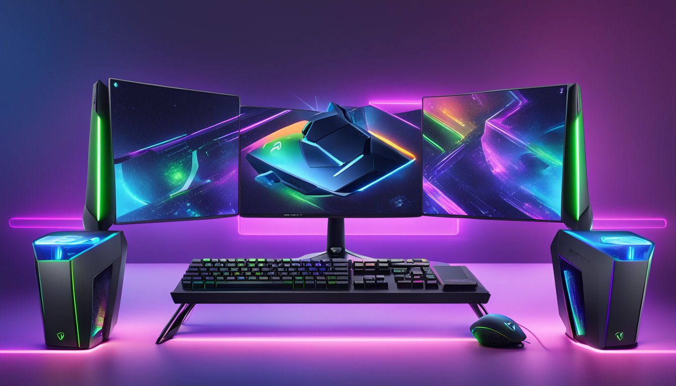 A sleek, futuristic gaming setup with logos of top computer brands like Alienware, Razer, and ASUS ROG prominently displayed. High-performance components and RGB lighting add to the overall aesthetic