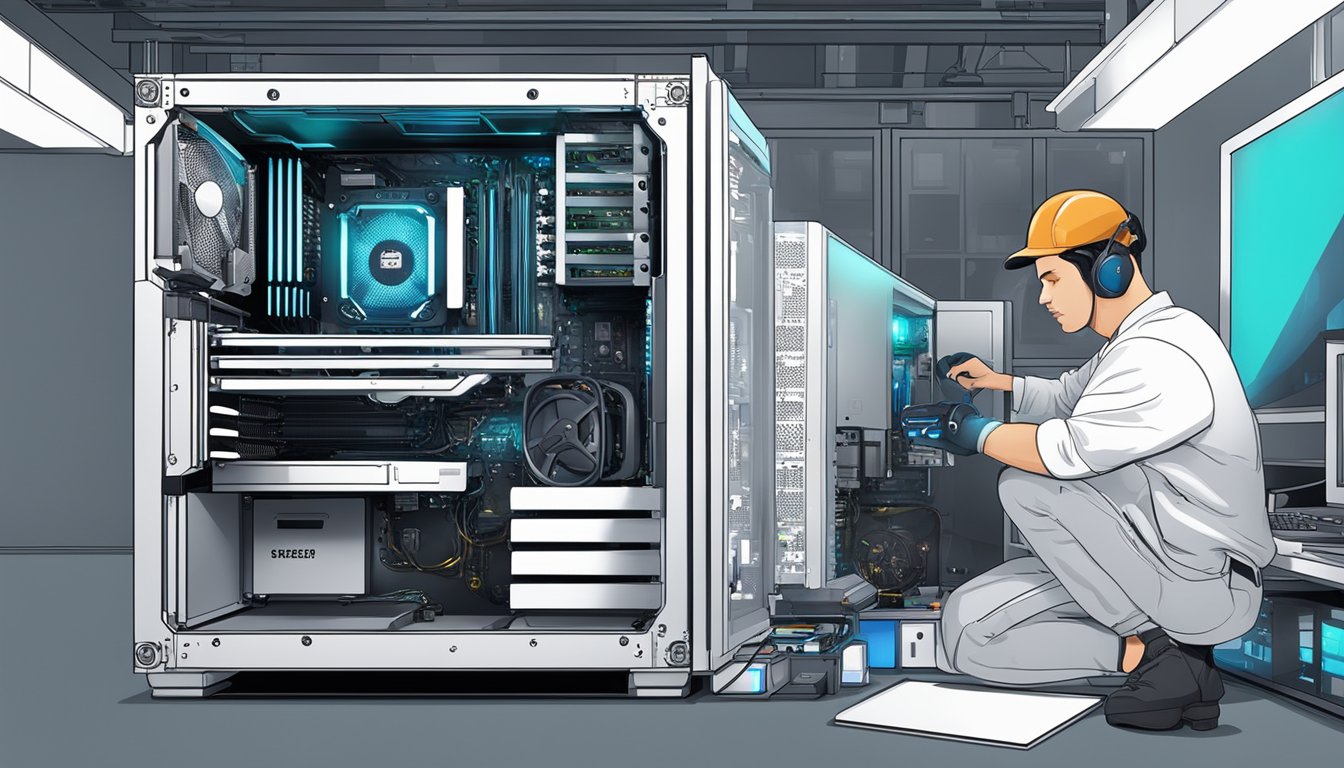 A computer technician assembles parts for gaming PCs with branded components