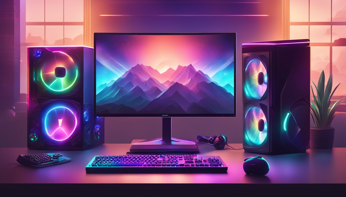 A gaming computer surrounded by vibrant LED lights, with a sleek design and powerful components, creating an immersive gaming experience