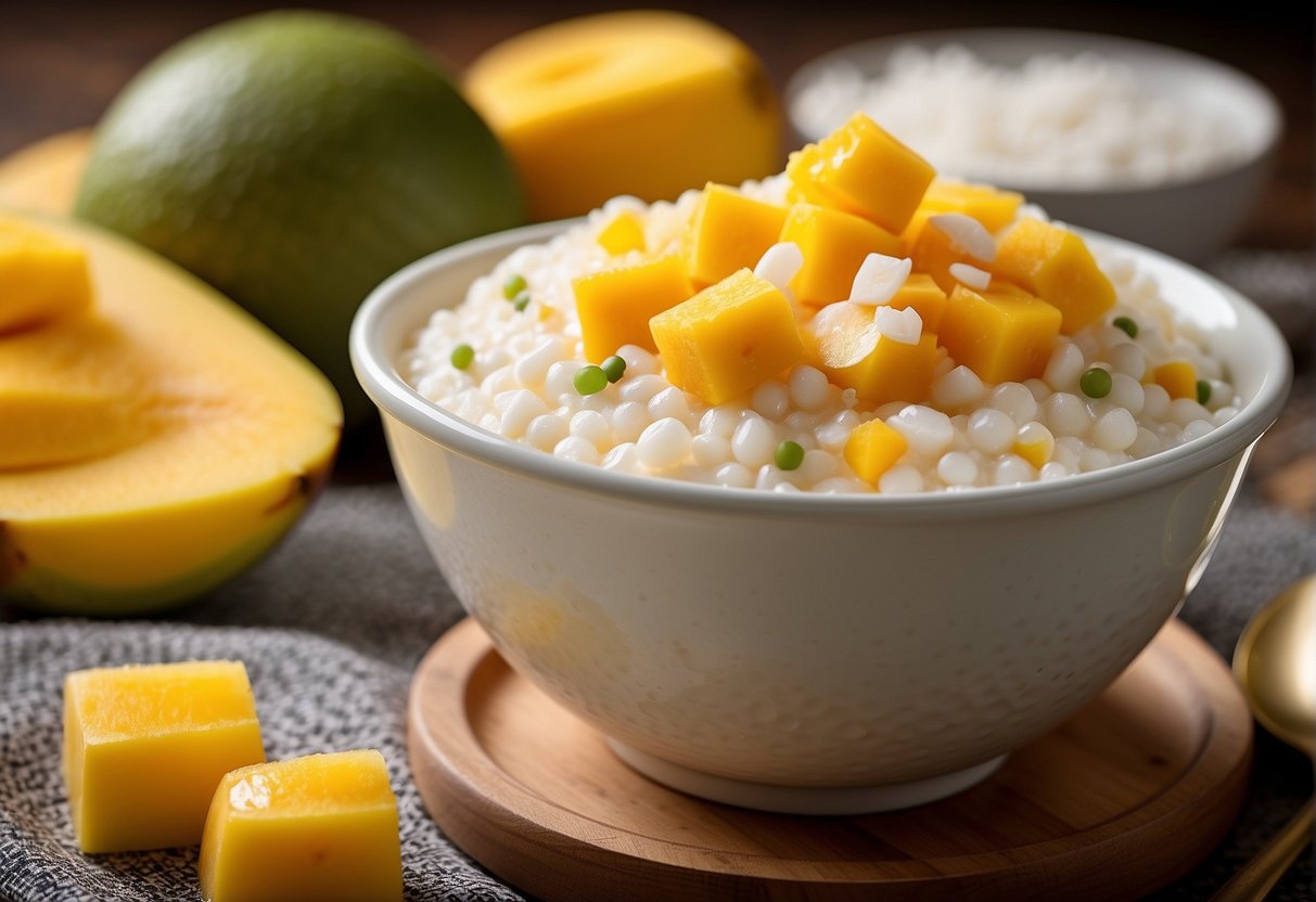 A bowl of creamy tapioca pudding topped with sliced mango and a sprinkle of coconut flakes, surrounded by scattered tapioca pearls and a bamboo steamer in the background
