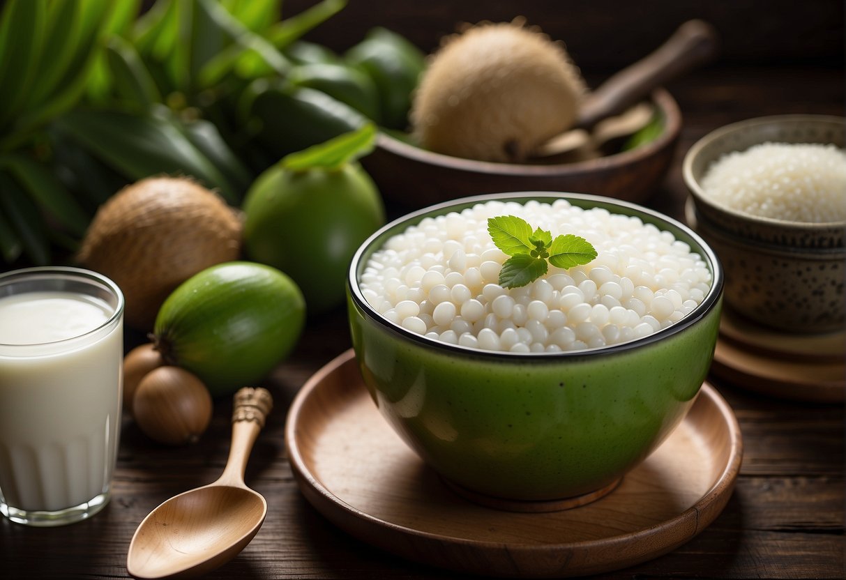 A table with ingredients for tapioca pudding: tapioca pearls, coconut milk, sugar, and pandan leaves. A pot, stove, and spoon nearby