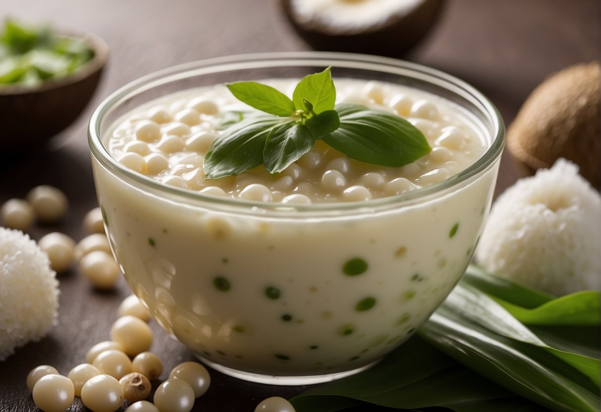 Tapioca pearls simmer in coconut milk. Sugar and pandan leaves infuse the mixture. A thick, creamy pudding forms