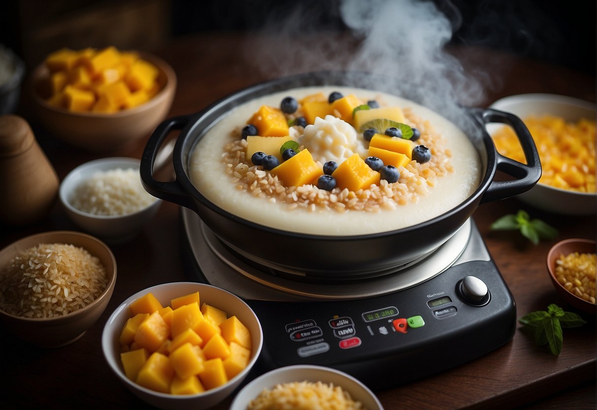 A steaming pot of tapioca pudding simmers on a stove, surrounded by bowls of various toppings like coconut, mango, and lychee