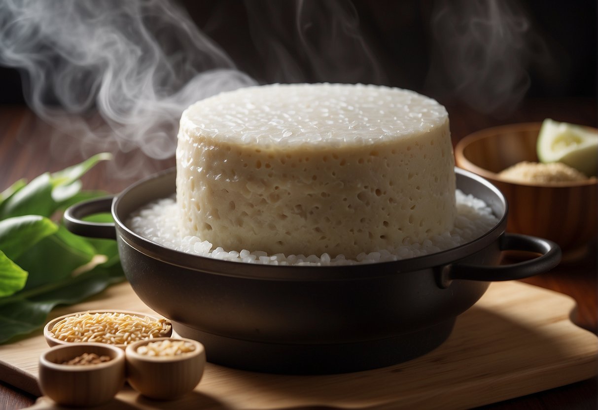 Chinese taro cake being steamed in a bamboo steamer over boiling water. Ingredients like taro, rice flour, and seasoning are visible