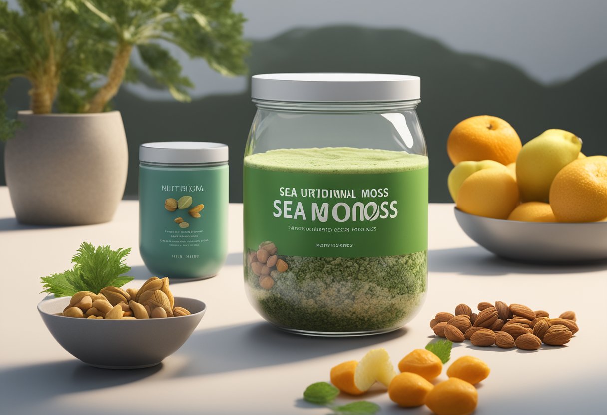 A bowl of sea moss gel surrounded by various fruits and nuts. A glass of sea moss smoothie next to it. Text labels indicating "nutritional profile" and "how to eat sea moss"