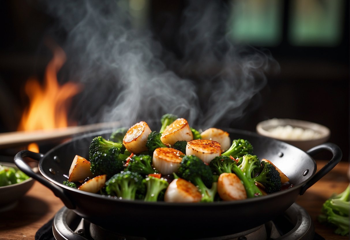 A wok sizzles with broccoli and scallops in a savory Chinese sauce, steam rising, chopsticks poised nearby