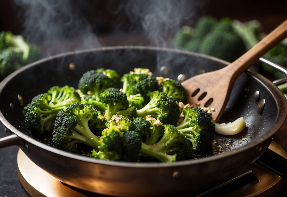 Broccoli sizzling in a wok with garlic, ginger, and soy sauce. Steam rising, vibrant colors, and chopsticks nearby
