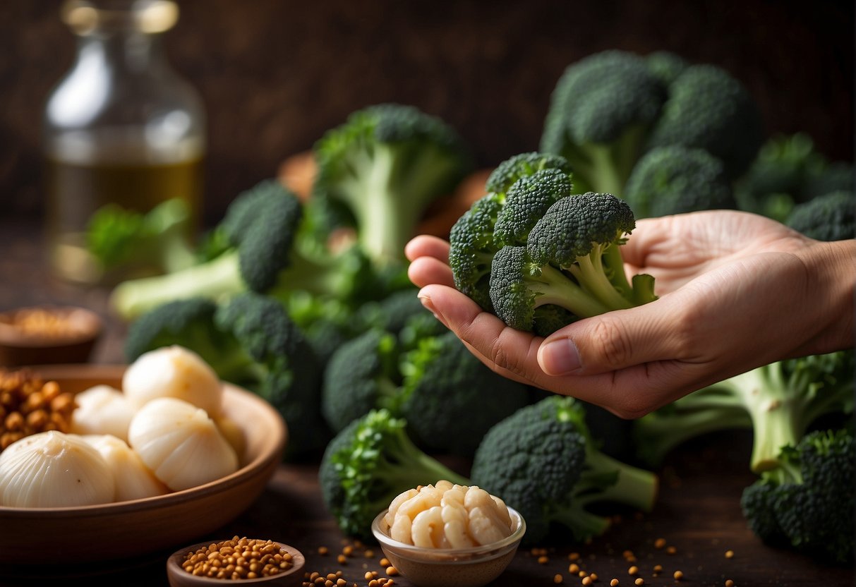 A hand reaching for fresh broccoli, scallops, and Chinese spices