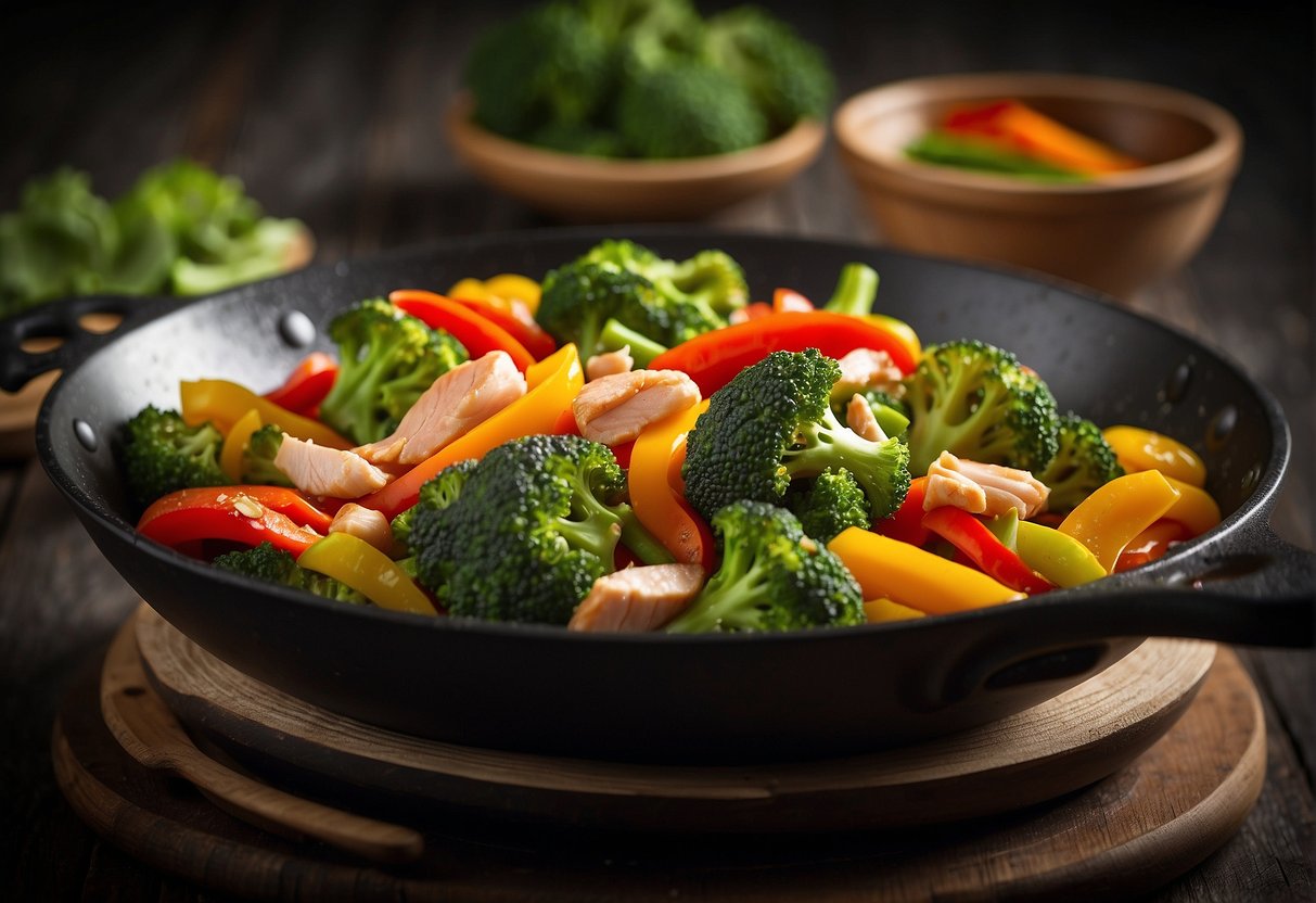 Fresh broccoli florets sizzling in a hot wok with colorful bell peppers, sliced carrots, and tender strips of chicken, all coated in a savory Chinese stir fry sauce