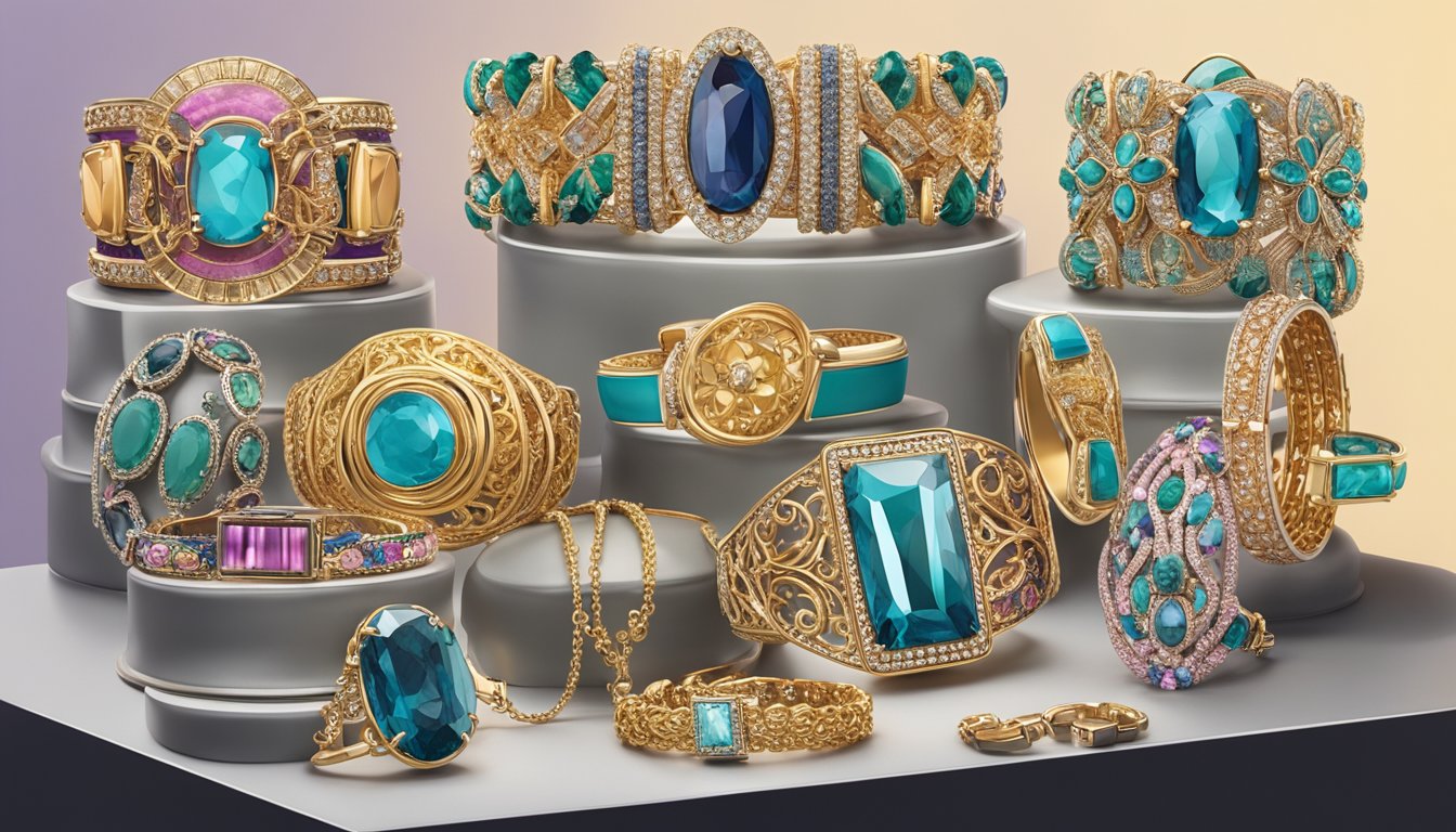 A display of various bracelet brands arranged on a velvet-lined jewelry stand. Bright lighting highlights the intricate designs and diverse materials used