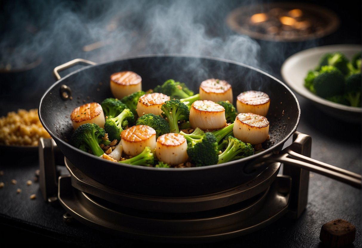 Scallops and broccoli being seasoned and cooked in a Chinese wok